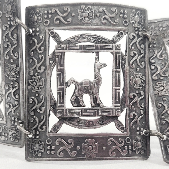 Antique Peruvian Mendocino Designer Wide Sterling Silver Panel Bracelet